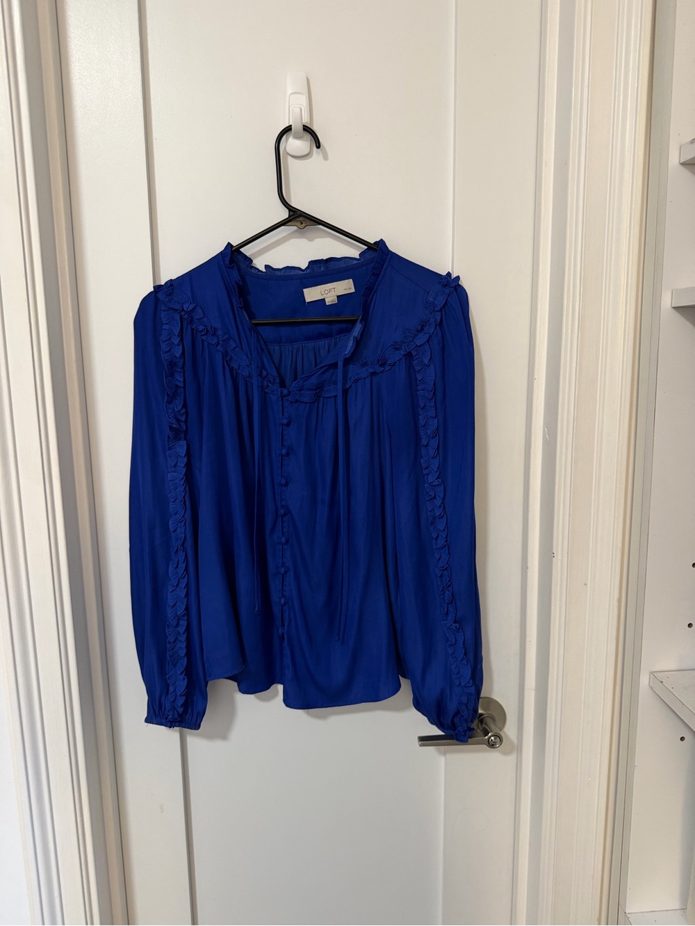 LOFT Royal Blue Button-Front Ruffle Blouse